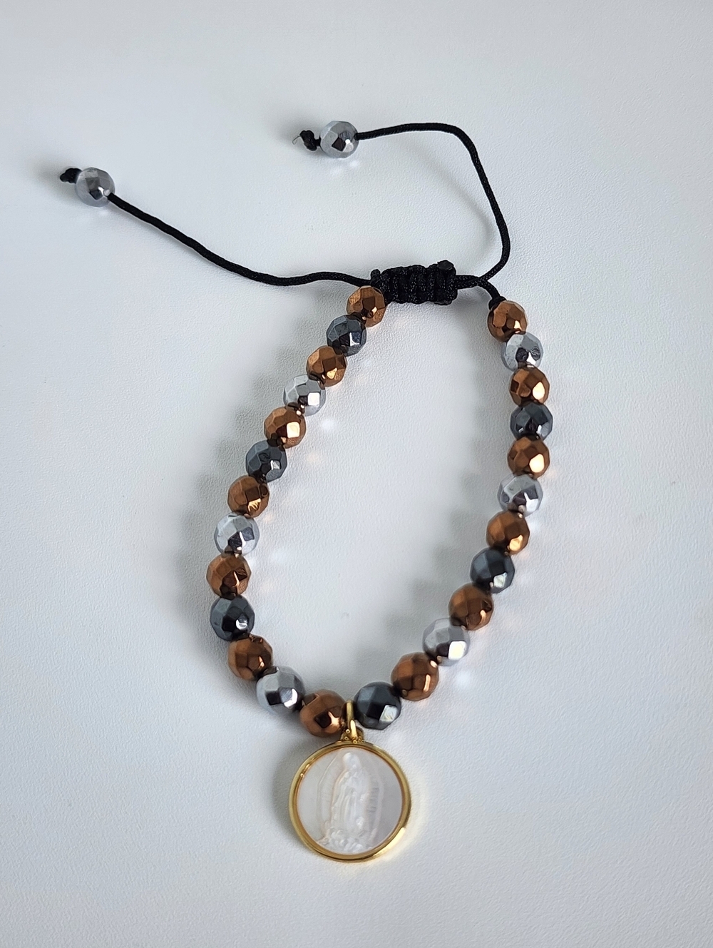 Adjustable Hematite Bracelet Virgen Guadalupe San Benito Gold Charm